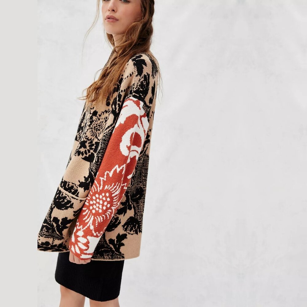 Anthropologie Lola Cocoon Cardigan Open Front Patchwork Tan Red XS/S #A1045 - Picture 2 of 16